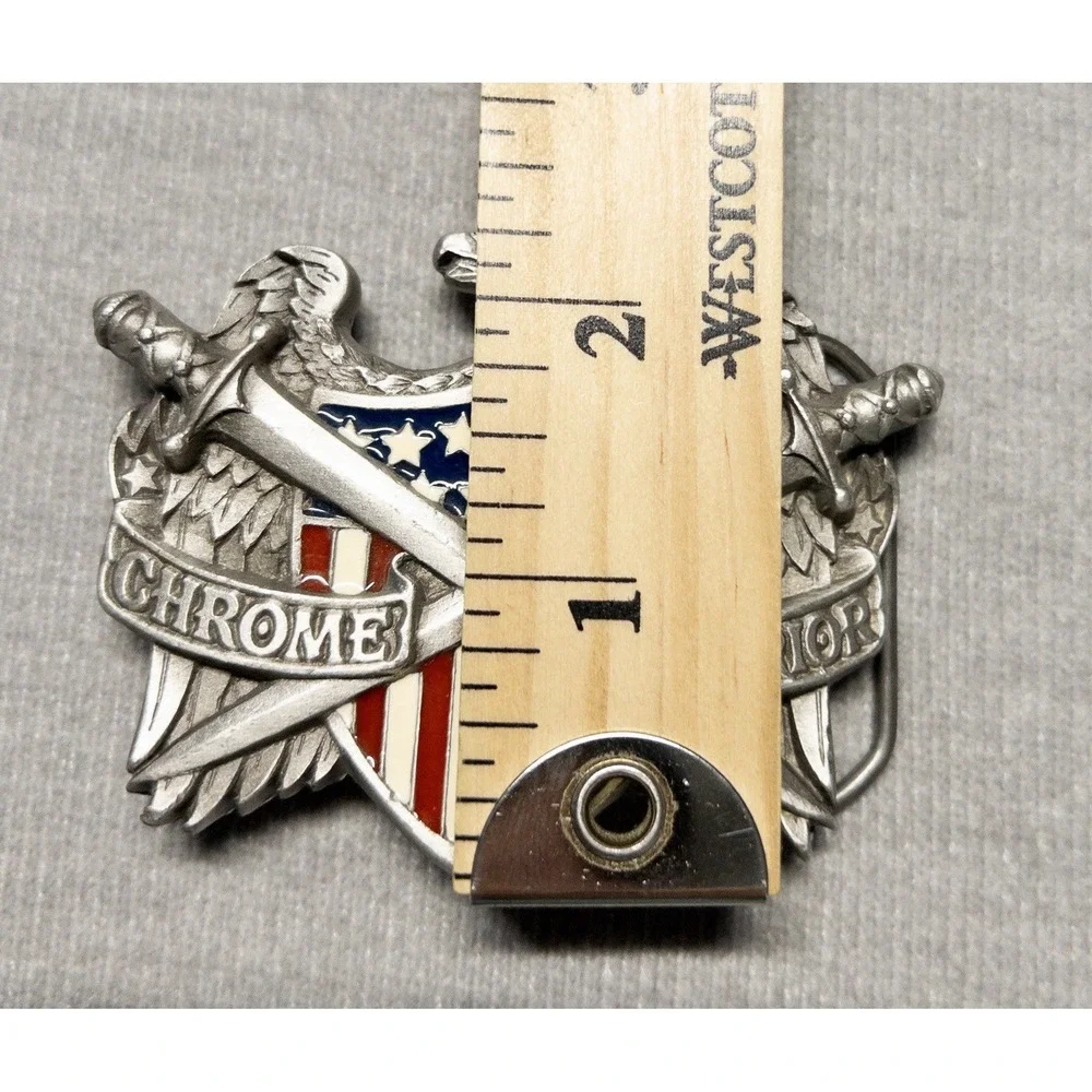 VINTAGE CHROME WARRIOR BIKER BELT BUCKLE EAGLE‎ FLAG AND CROSSED SWORDS RESIN